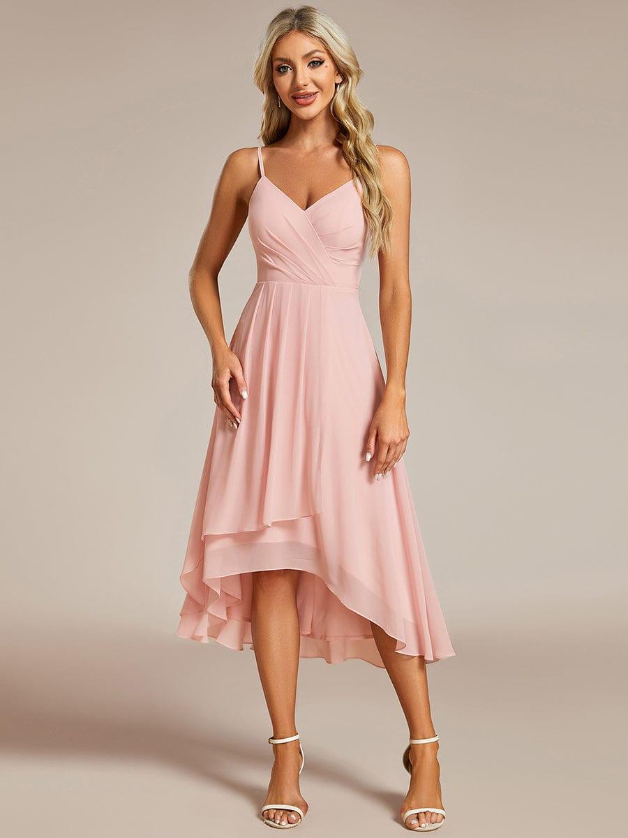Robe d'invité de mariage élégante en mousseline de soie col en V bretelles spaghetti haut-bas #Couleur_Rose