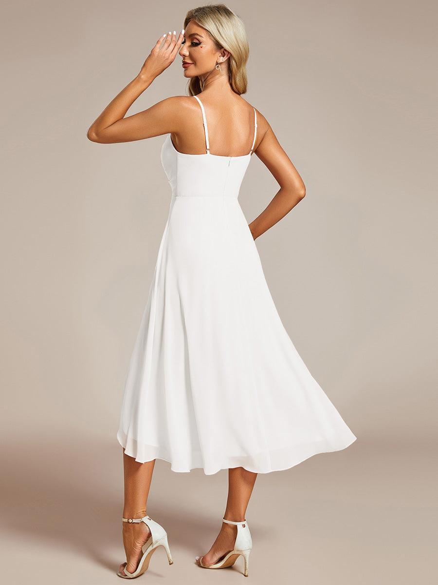 Robe d'invité de mariage élégante en mousseline de soie col en V bretelles spaghetti haut-bas #Couleur_Blanc