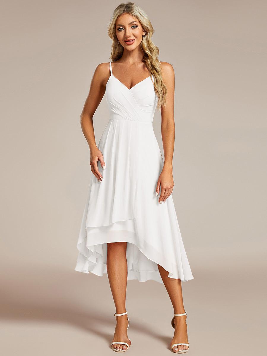 Robe d'invité de mariage élégante en mousseline de soie col en V bretelles spaghetti haut-bas #Couleur_Blanc