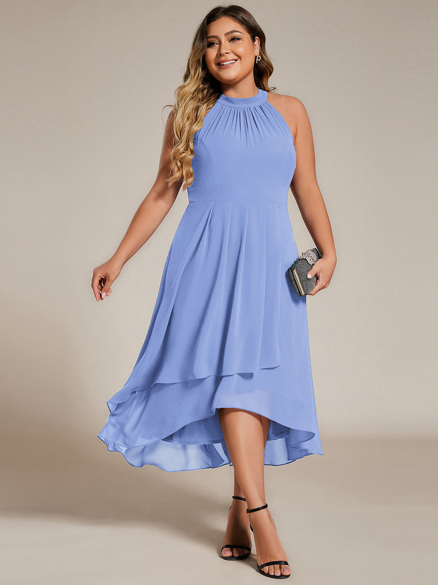 Robe d'invité de mariage mi-longue sans manches et col licou en mousseline de soie #Couleur_Bleu Bleuet
