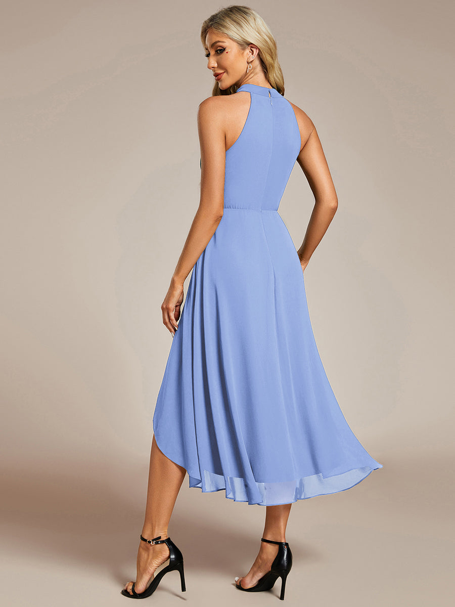 Robe d'invité de mariage mi-longue sans manches et col licou en mousseline de soie #Couleur_Bleu Bleuet
