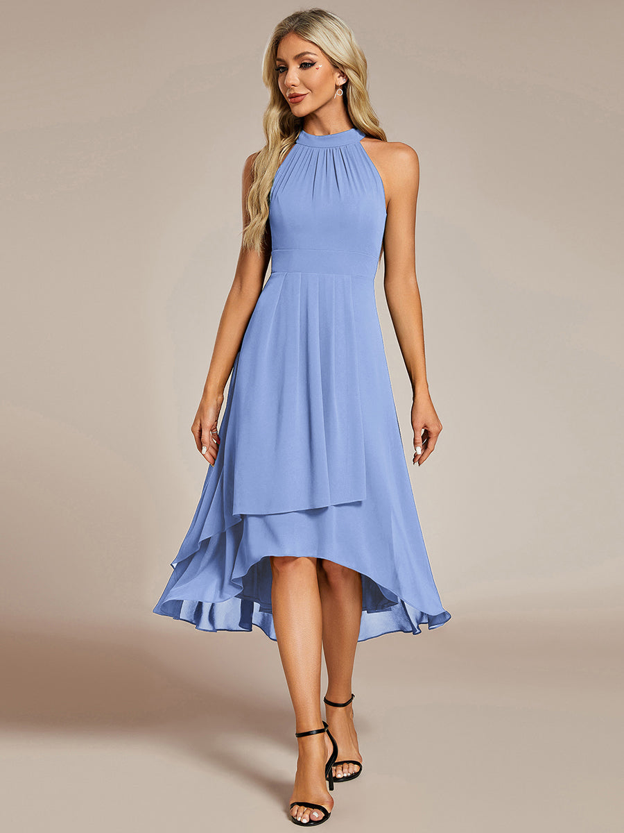 Robe d'invité de mariage mi-longue sans manches et col licou en mousseline de soie #Couleur_Bleu Bleuet
