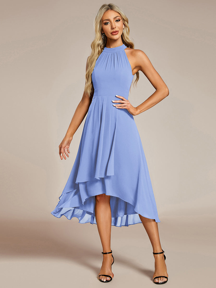 Robe d'invité de mariage mi-longue sans manches et col licou en mousseline de soie #Couleur_Bleu Bleuet