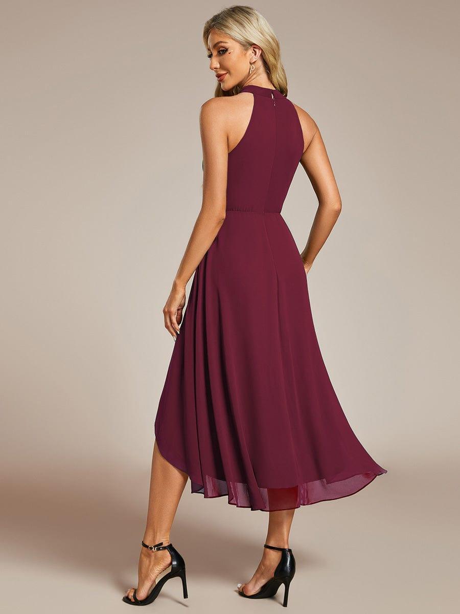 Robe d'invité de mariage mi-longue sans manches et col licou en mousseline de soie #Couleur_Bordeaux