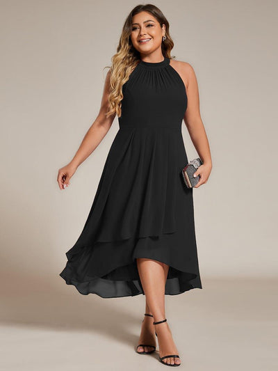pretty POSIE|Grande Taille Robe d'invité de mariage mi-longue sans manches et col licou en mousseline de soie