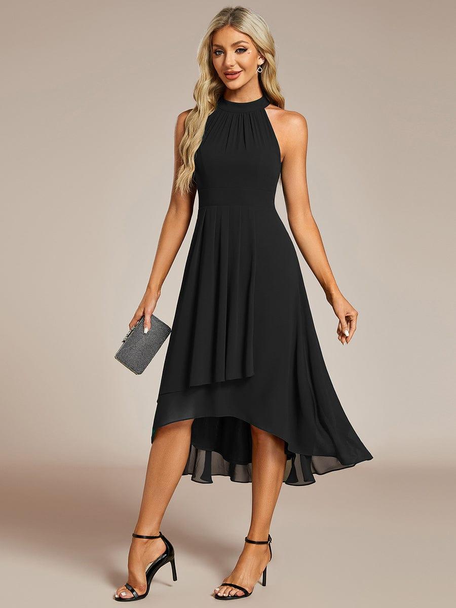 Robe d'invité de mariage mi-longue sans manches et col licou en mousseline de soie #Couleur_Noir