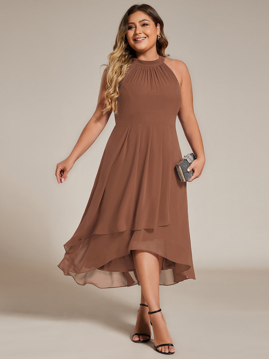 Robe d'invité de mariage mi-longue sans manches et col licou en mousseline de soie #Couleur_Brun