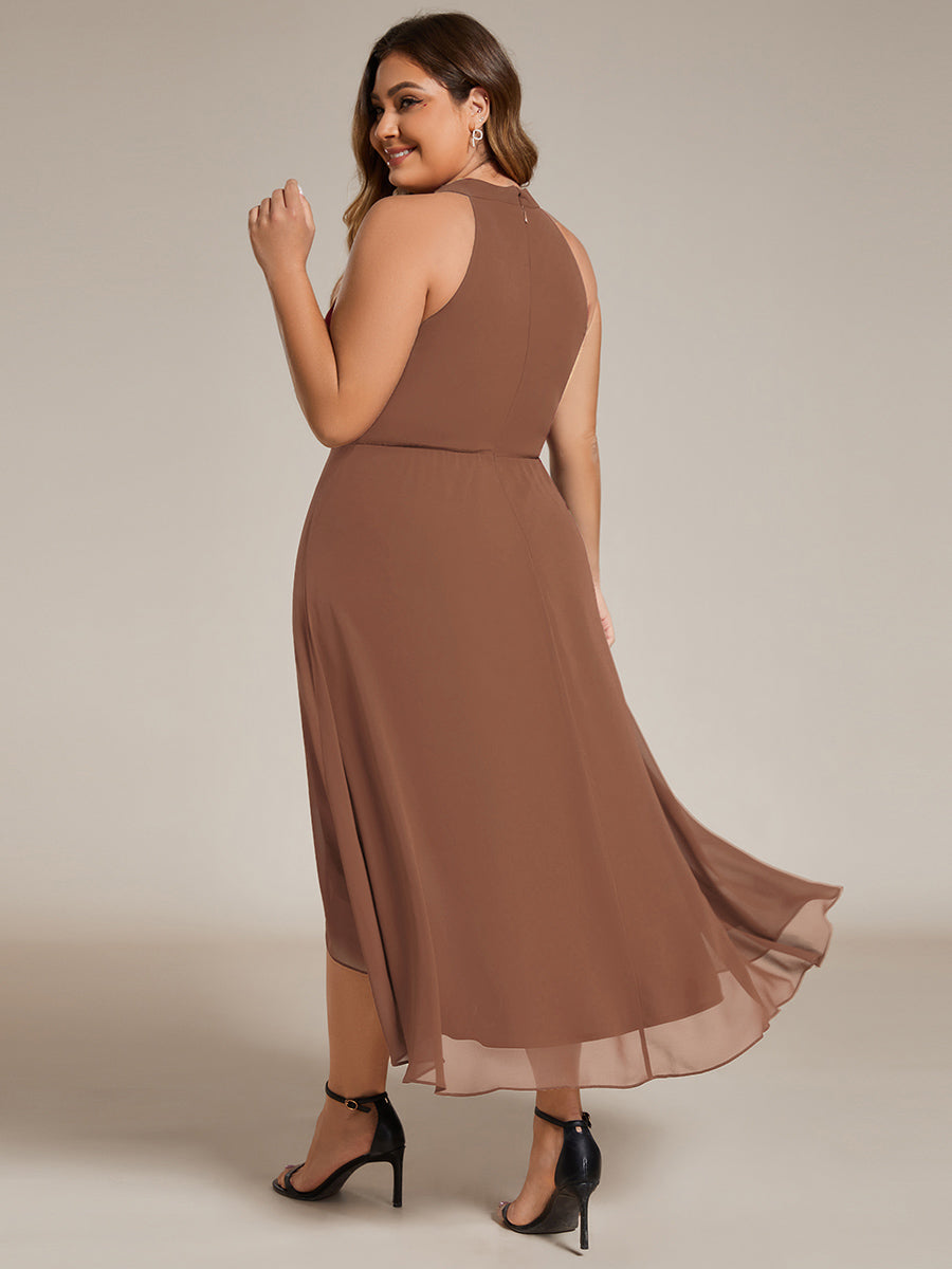 Robe d'invité de mariage mi-longue sans manches et col licou en mousseline de soie #Couleur_Brun