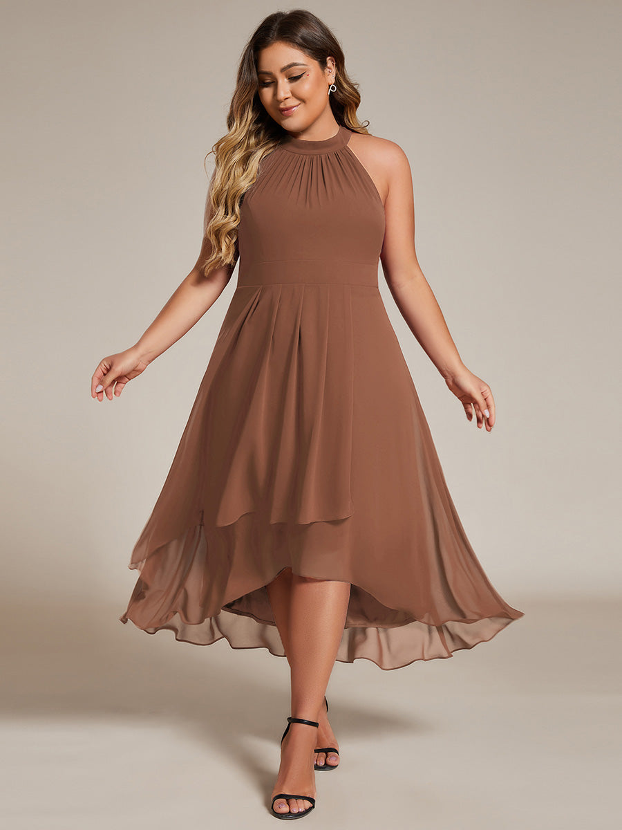 Robe d'invité de mariage mi-longue sans manches et col licou en mousseline de soie #Couleur_Brun