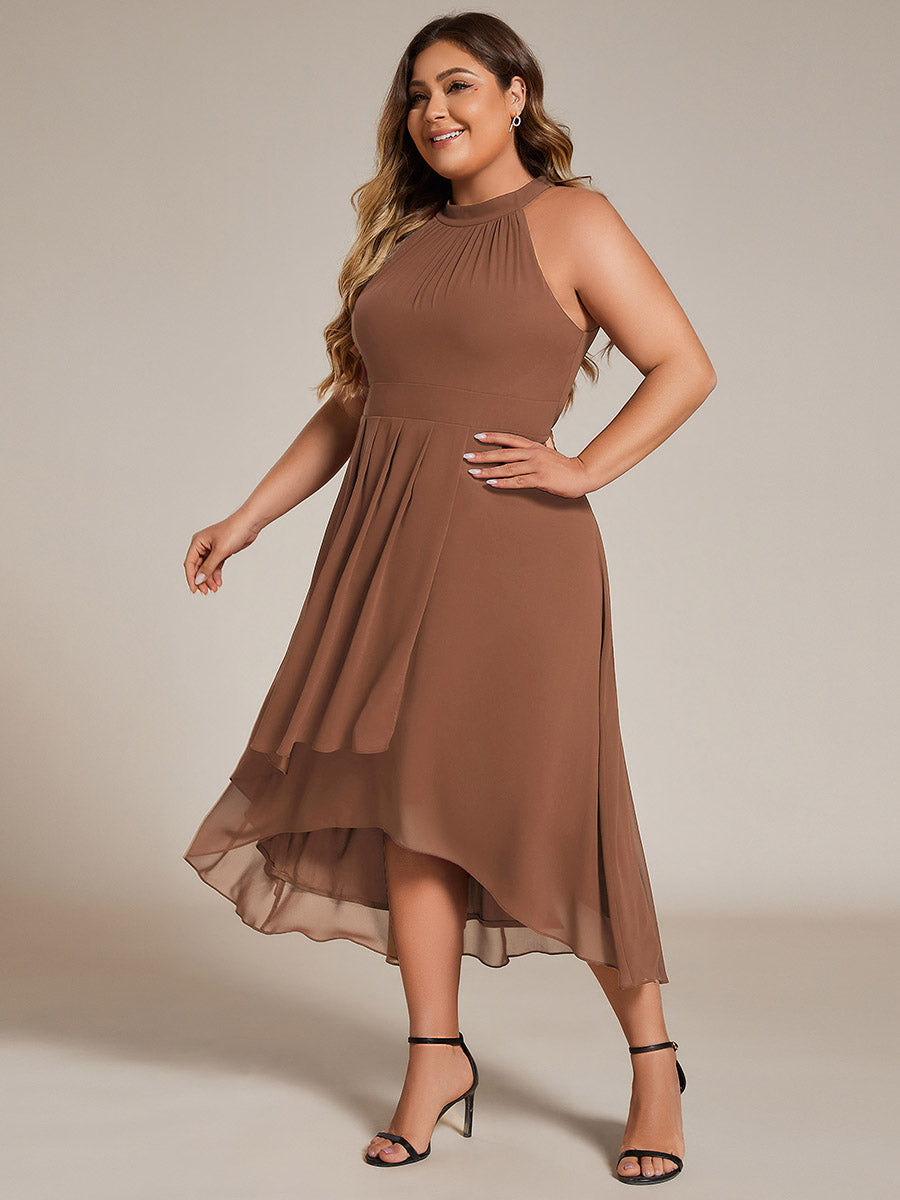 Robe d'invité de mariage mi-longue sans manches et col licou en mousseline de soie #Couleur_Brun