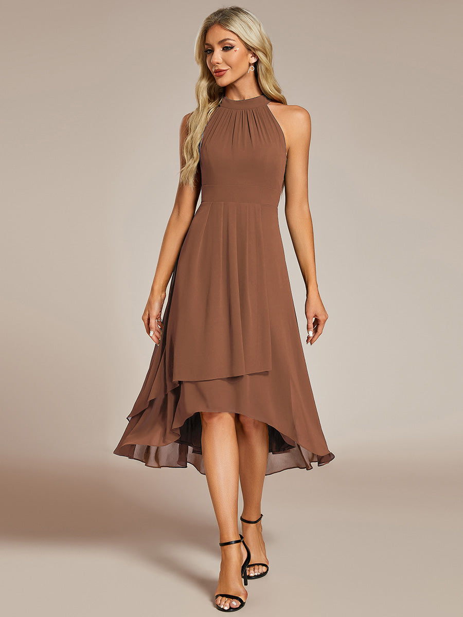 Robe d'invité de mariage mi-longue sans manches et col licou en mousseline de soie #Couleur_Brun