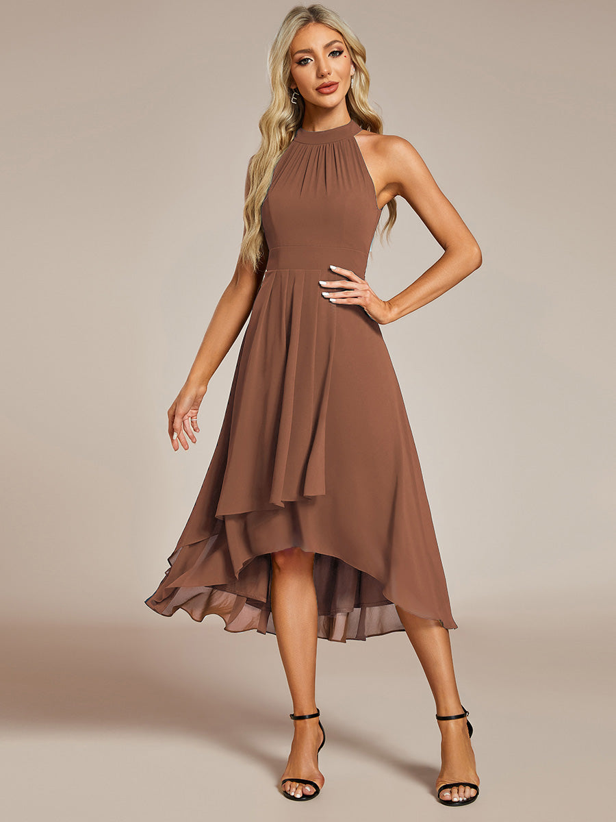 Robe d'invité de mariage mi-longue sans manches et col licou en mousseline de soie #Couleur_Brun