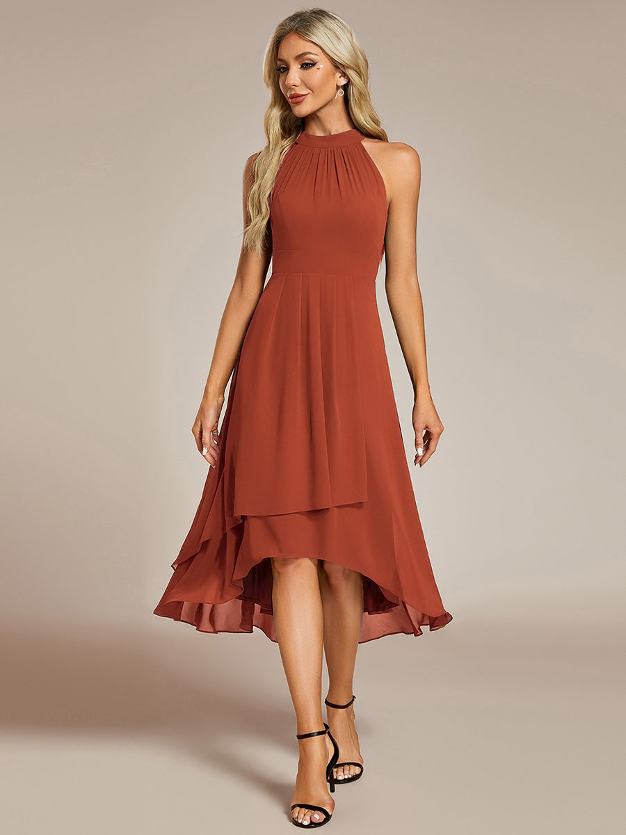Robe d'invité de mariage mi-longue sans manches et col licou en mousseline de soie #Couleur_Burnt Orange