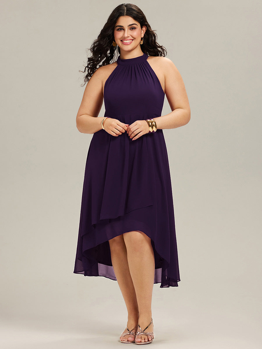 Robe d'invité de mariage mi-longue sans manches et col licou en mousseline de soie #Couleur_Violet Fonce