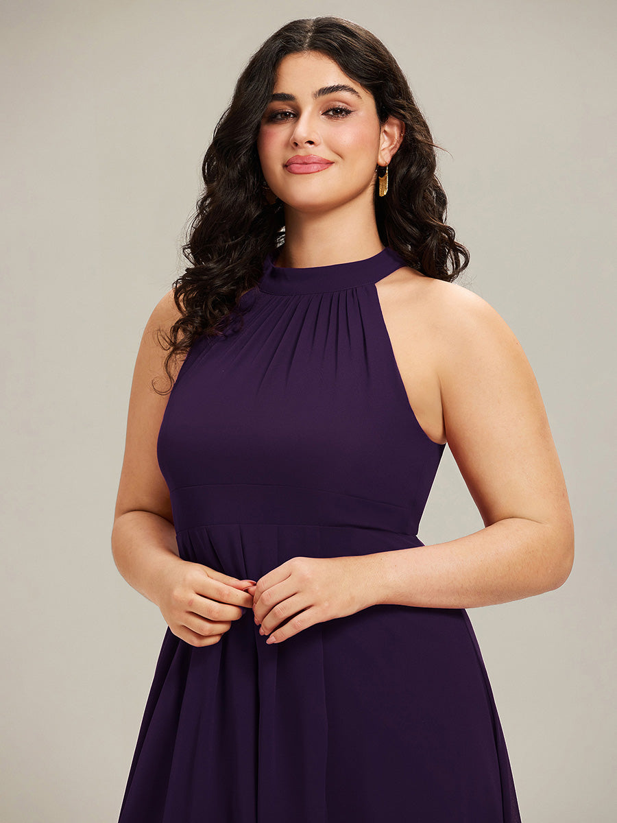 Robe d'invité de mariage mi-longue sans manches et col licou en mousseline de soie #Couleur_Violet Fonce