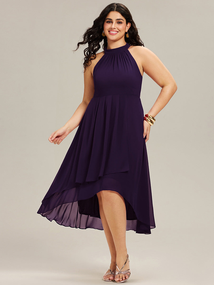 Robe d'invité de mariage mi-longue sans manches et col licou en mousseline de soie #Couleur_Violet Fonce
