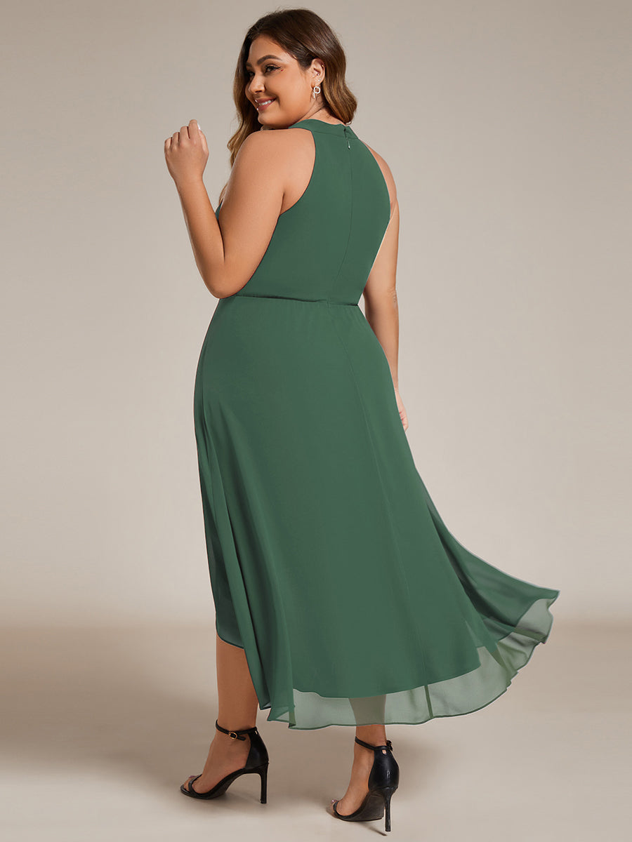 Robe D'invité De Mariage En Mousseline De Soie Mi-Longue Plissée à Manches à Volants Et Col En V  #Couleur_Eucalyptus