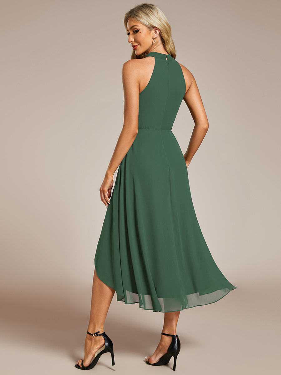 Robe D'invité De Mariage En Mousseline De Soie Mi-Longue Plissée à Manches à Volants Et Col En V  #Couleur_Eucalyptus
