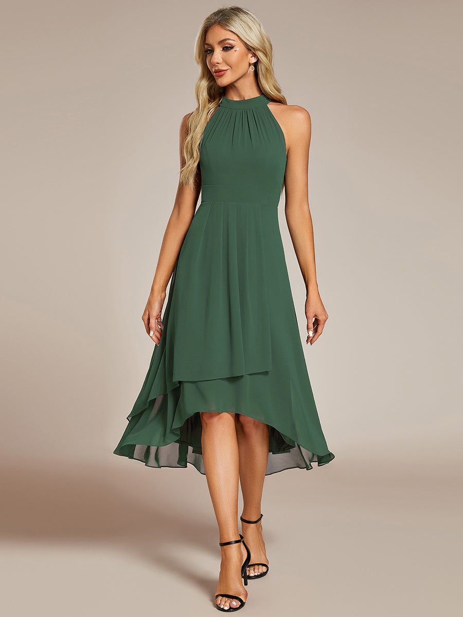 Robe D'invité De Mariage En Mousseline De Soie Mi-Longue Plissée à Manches à Volants Et Col En V  #Couleur_Eucalyptus