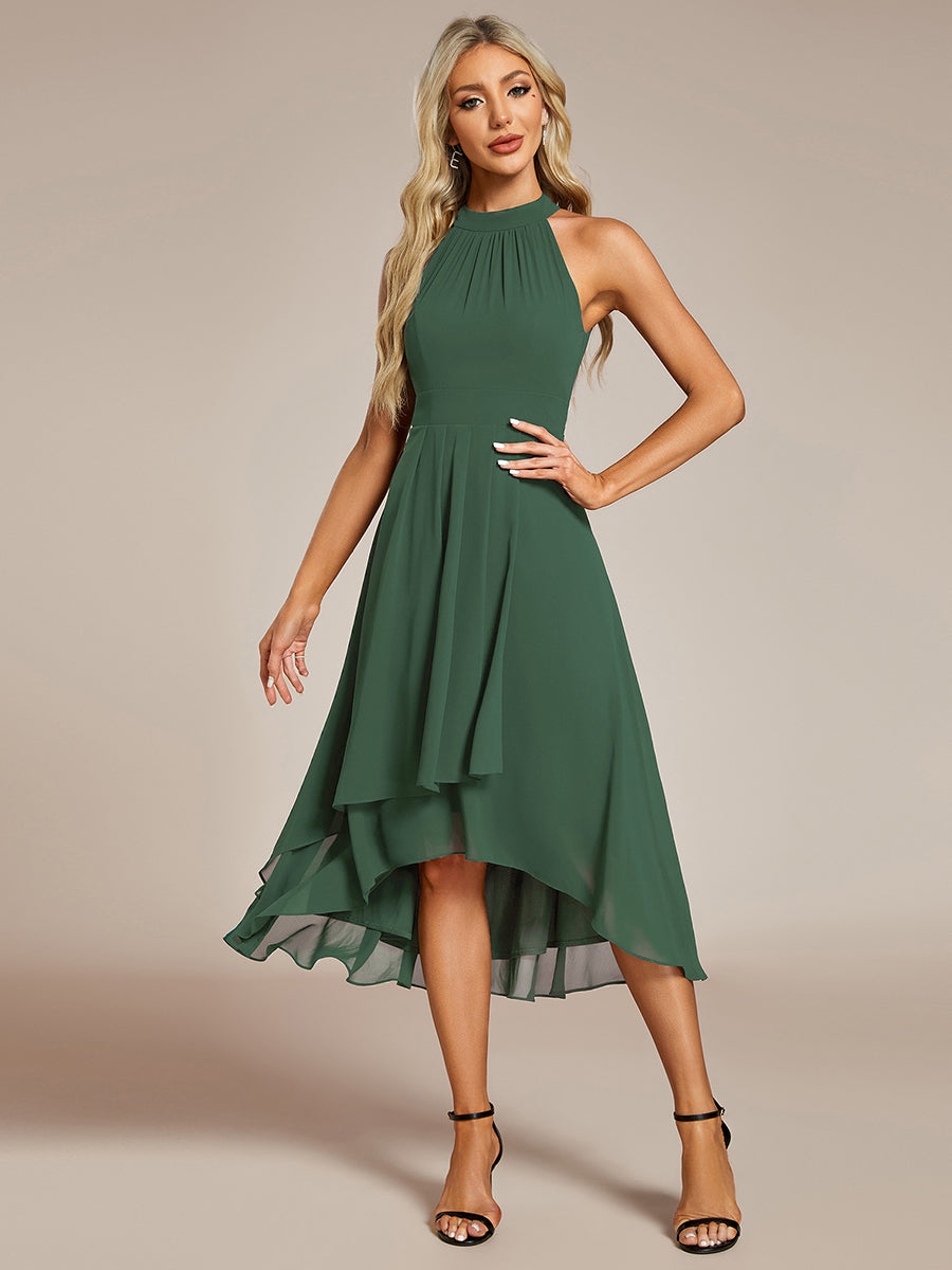 Robe D'invité De Mariage En Mousseline De Soie Mi-Longue Plissée à Manches à Volants Et Col En V  #Couleur_Eucalyptus