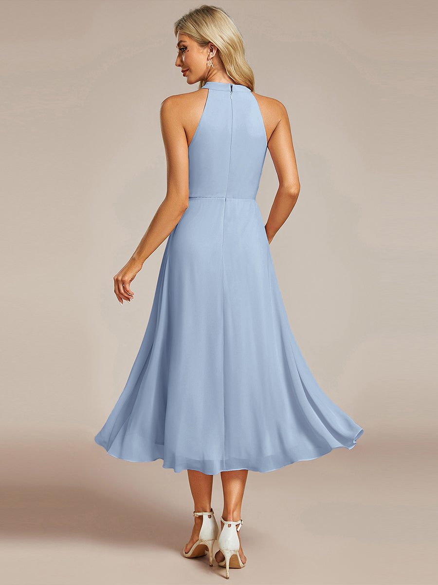 Robe d'invité de mariage mi-longue sans manches et col licou en mousseline de soie #Couleur_Bleu Glace
