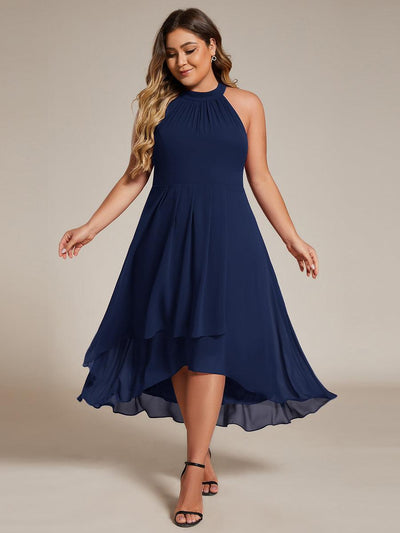 pretty POSIE|Grande Taille Robe d'invité de mariage mi-longue sans manches et col licou en mousseline de soie