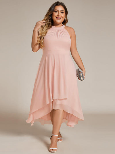 pretty POSIE|Grande Taille Robe d'invité de mariage mi-longue sans manches et col licou en mousseline de soie
