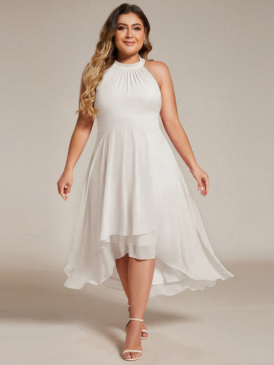 pretty POSIE|Grande Taille Robe d'invité de mariage mi-longue sans manches et col licou en mousseline de soie
