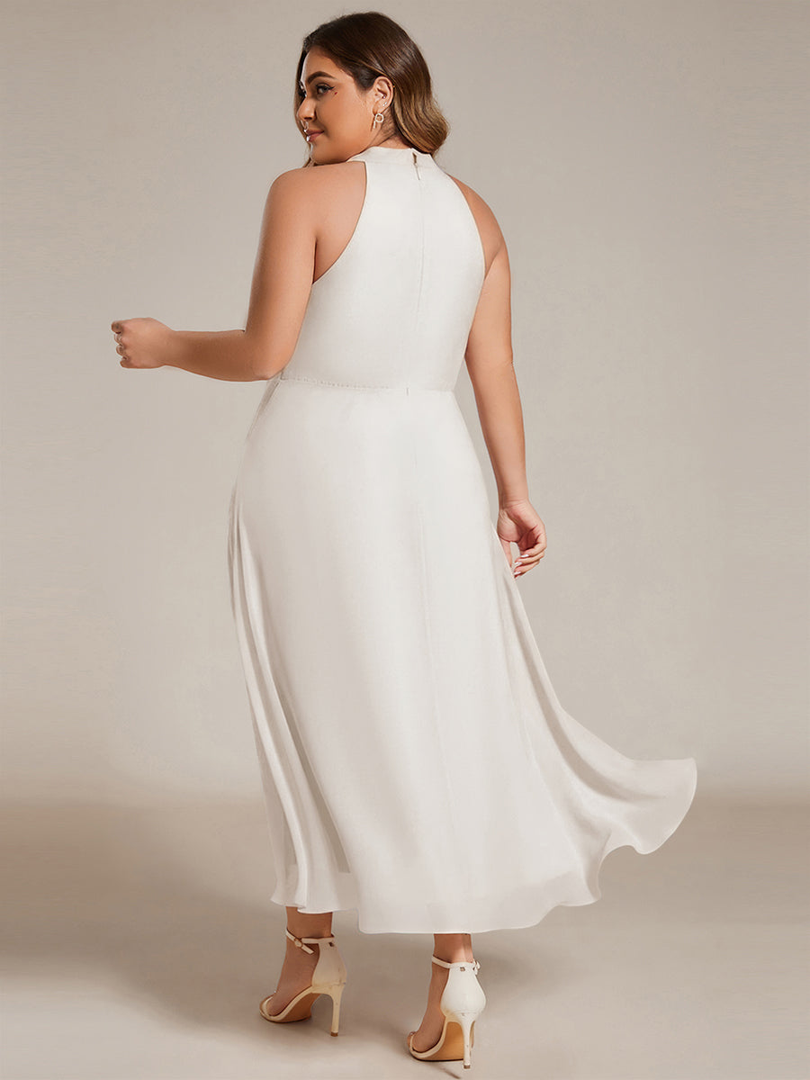 Robe d'invité de mariage mi-longue sans manches et col licou en mousseline de soie #Couleur_Blanc