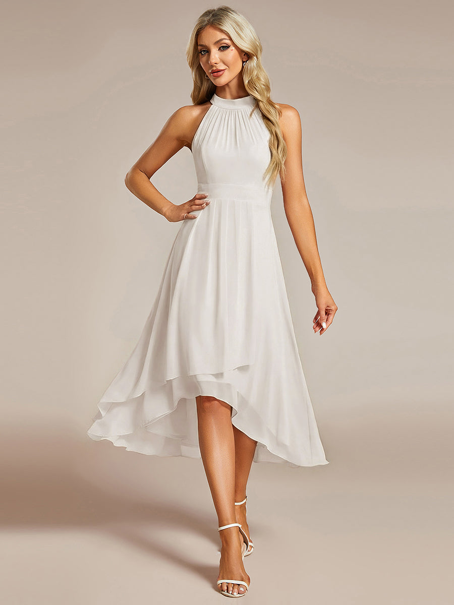 Robe d'invité de mariage mi-longue sans manches et col licou en mousseline de soie #Couleur_Blanc