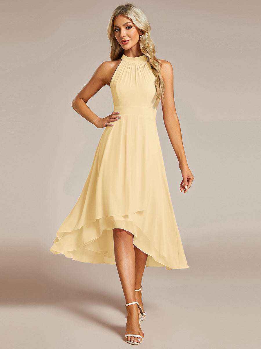 Robe d'invité de mariage mi-longue sans manches et col licou en mousseline de soie #Couleur_Jaune
