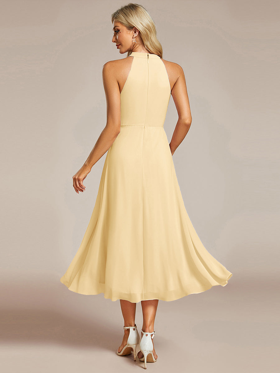 Robe d'invité de mariage mi-longue sans manches et col licou en mousseline de soie #Couleur_Jaune