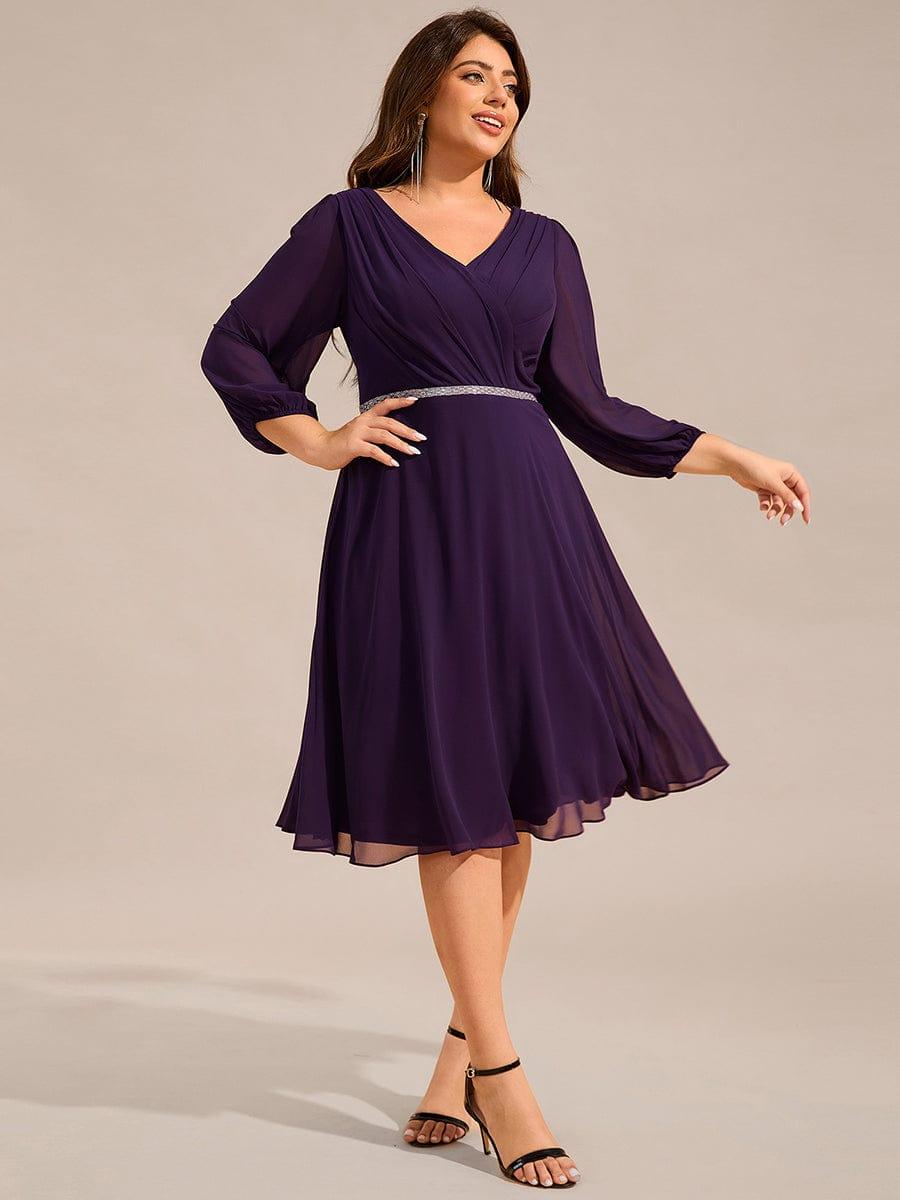 Robe d'invitée de mariage mi-longue grande taille avec chaîne à la taille #Couleur_Violet Fonce
