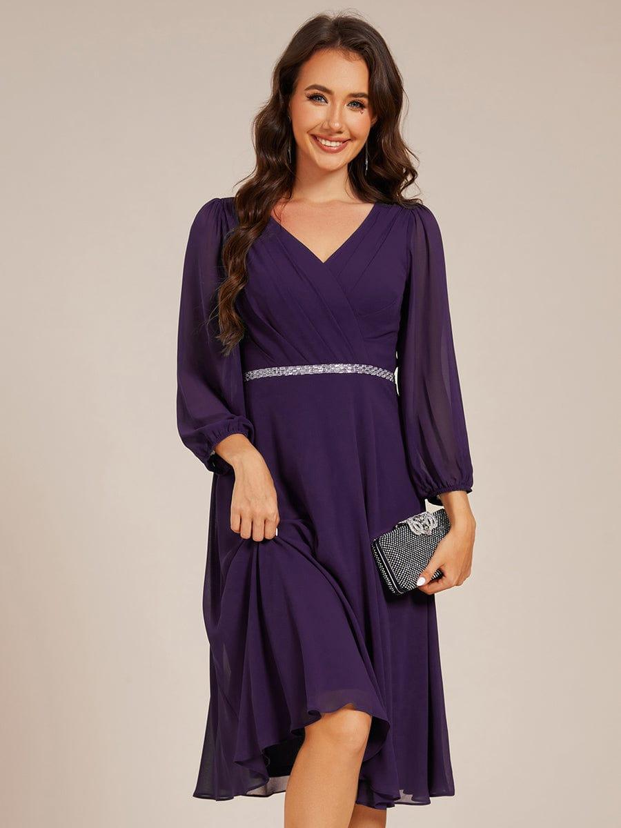 Robe d'invitée de mariage mi-longue plissée à manches longues en mousseline de soiev #Couleur_Violet Fonce