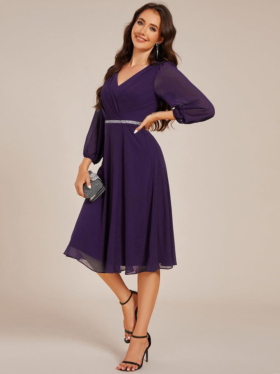 Robe d'invitée de mariage mi-longue plissée à manches longues en mousseline de soiev #Couleur_Violet Fonce