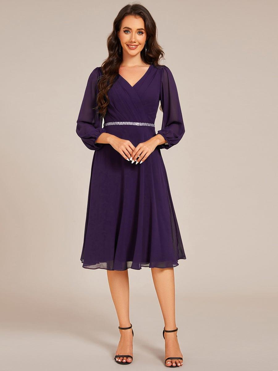 Robe d'invitée de mariage mi-longue plissée à manches longues en mousseline de soiev #Couleur_Violet Fonce