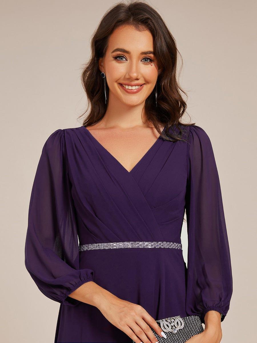 Robe d'invitée de mariage mi-longue plissée à manches longues en mousseline de soiev #Couleur_Violet Fonce