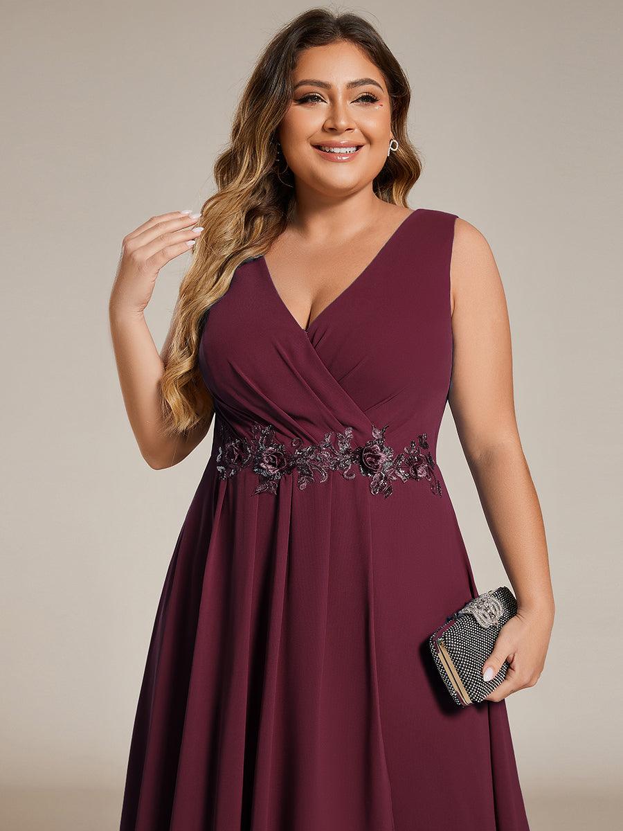 Robe d'invité de mariage haute-basse en mousseline de soie sans manches de grande taille avec applique à la taille #Couleur_Bordeaux