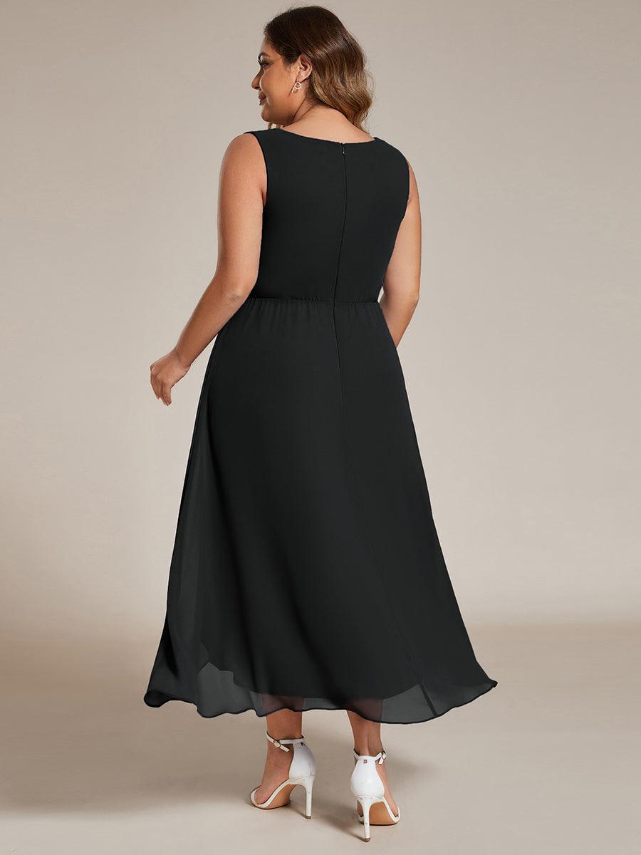 Robe d'invité de mariage haute-basse en mousseline de soie sans manches de grande taille avec applique à la taille #Couleur_Noir
