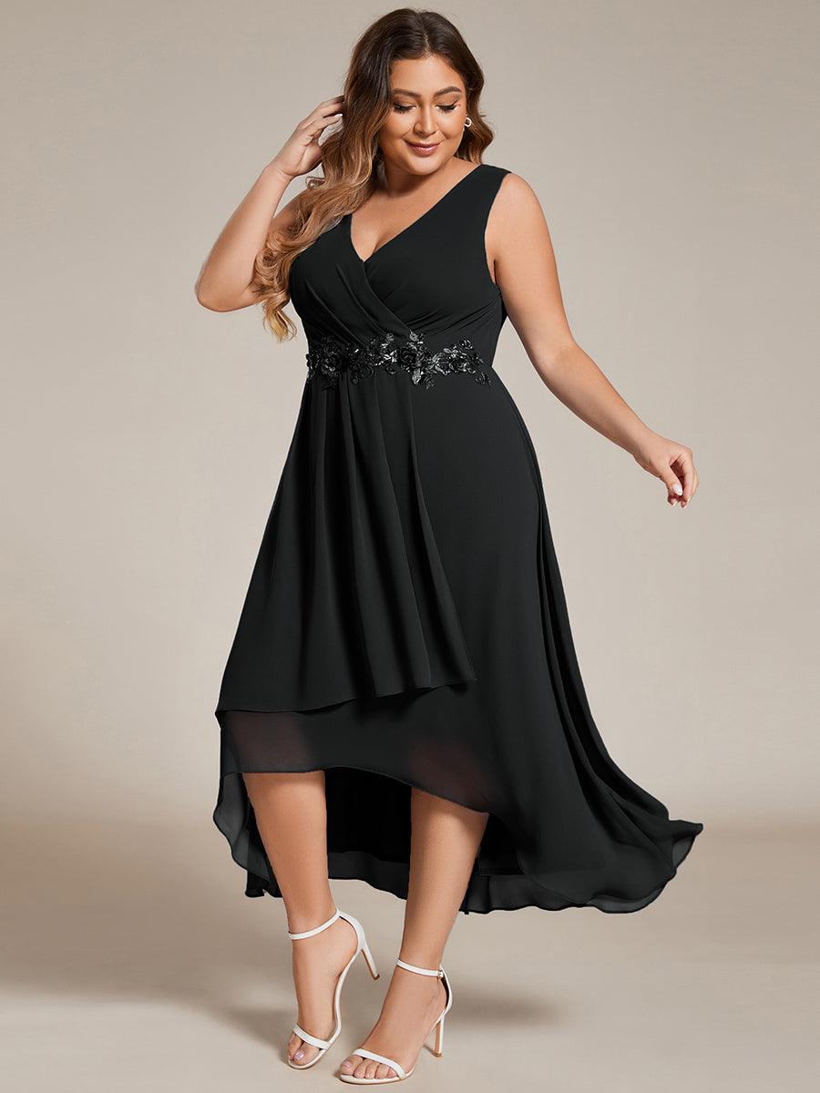 Robe d'invité de mariage haute-basse en mousseline de soie sans manches de grande taille avec applique à la taille #Couleur_Noir