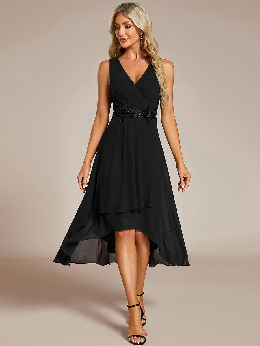 Robe d'invité de mariage haute-basse en mousseline de soie sans manches avec applique à la taille #Couleur_Noir