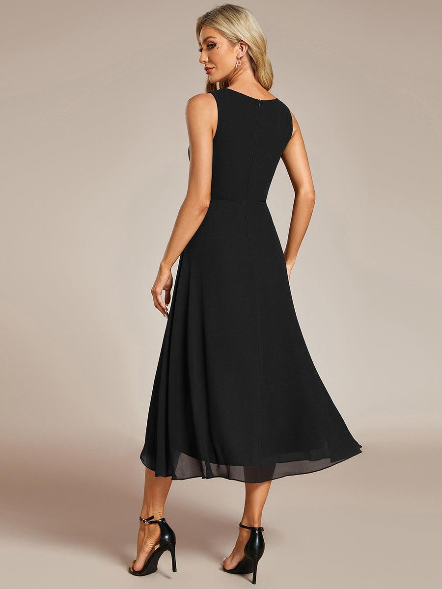 Robe d'invité de mariage haute-basse en mousseline de soie sans manches avec applique à la taille #Couleur_Noir
