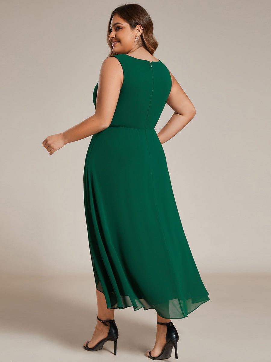 Robe d'invité de mariage haute-basse en mousseline de soie sans manches de grande taille avec applique à la taille #Couleur_Vert Fonce