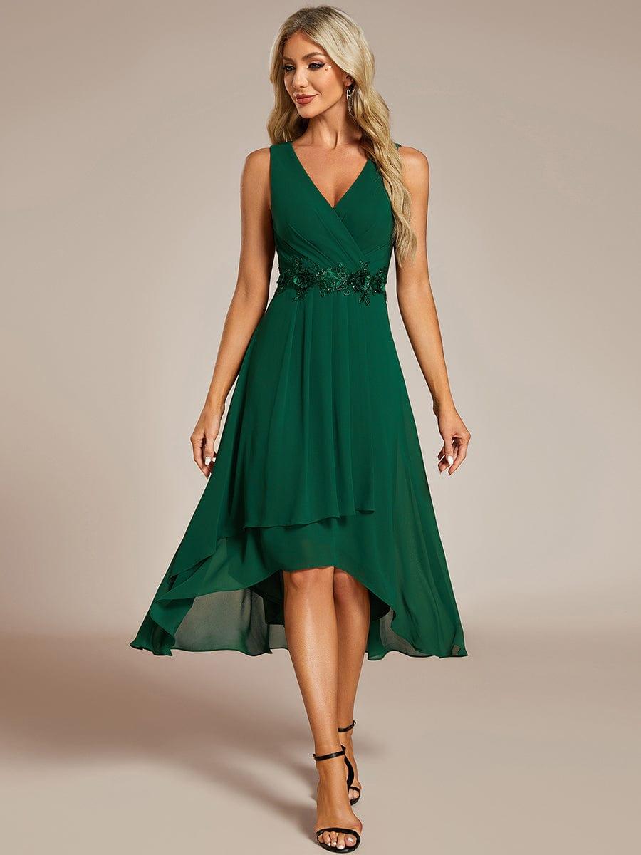 Robe d'invité de mariage haute-basse en mousseline de soie sans manches avec applique à la taille #Couleur_Vert Fonce