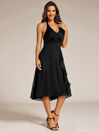 Robe d'invité de mariage dos nu sans manches avec nœud licou scintillant et col en V