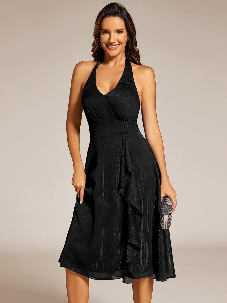 Robe d'invité de mariage dos nu sans manches avec nœud licou scintillant et col en V #Couleur_Noir