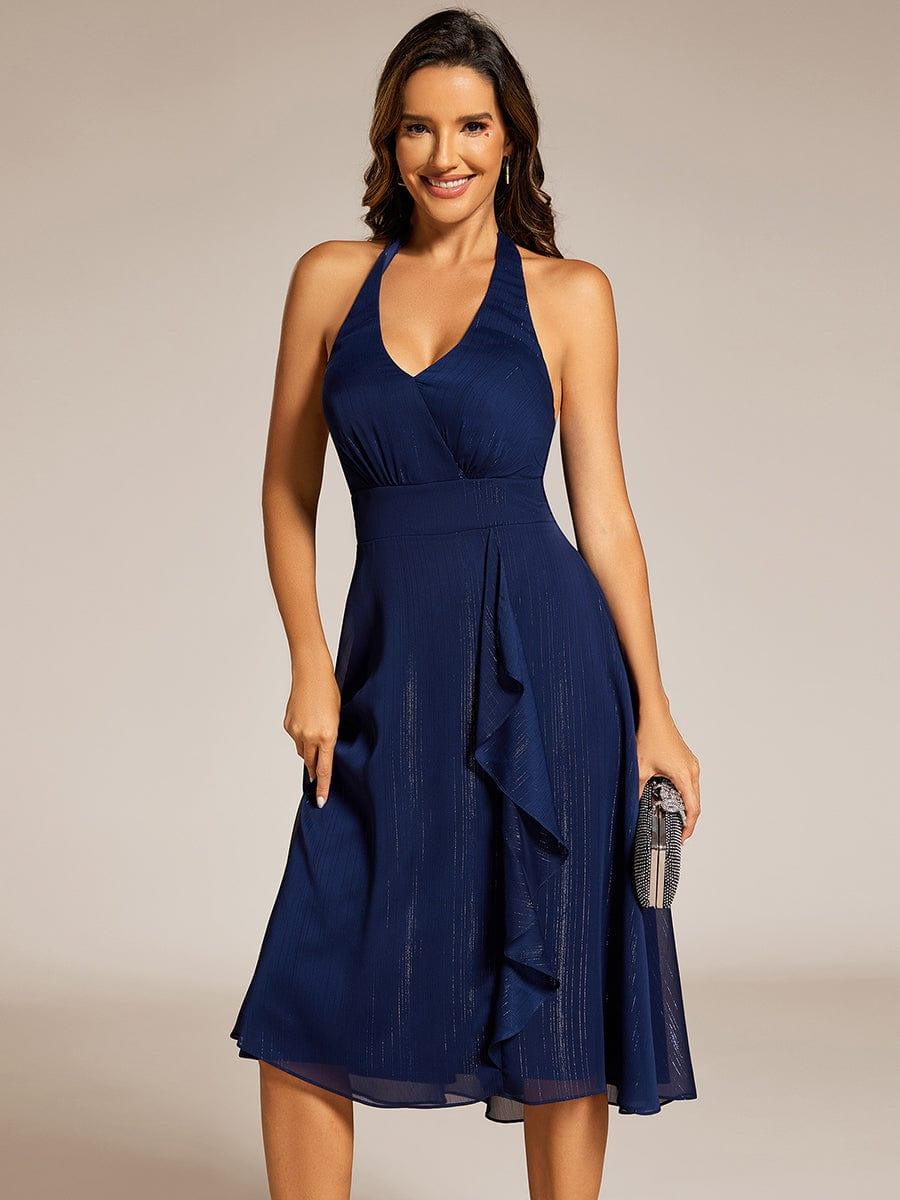 Robe d'invité de mariage dos nu sans manches avec nœud licou scintillant et col en V #Couleur_Bleu Marine