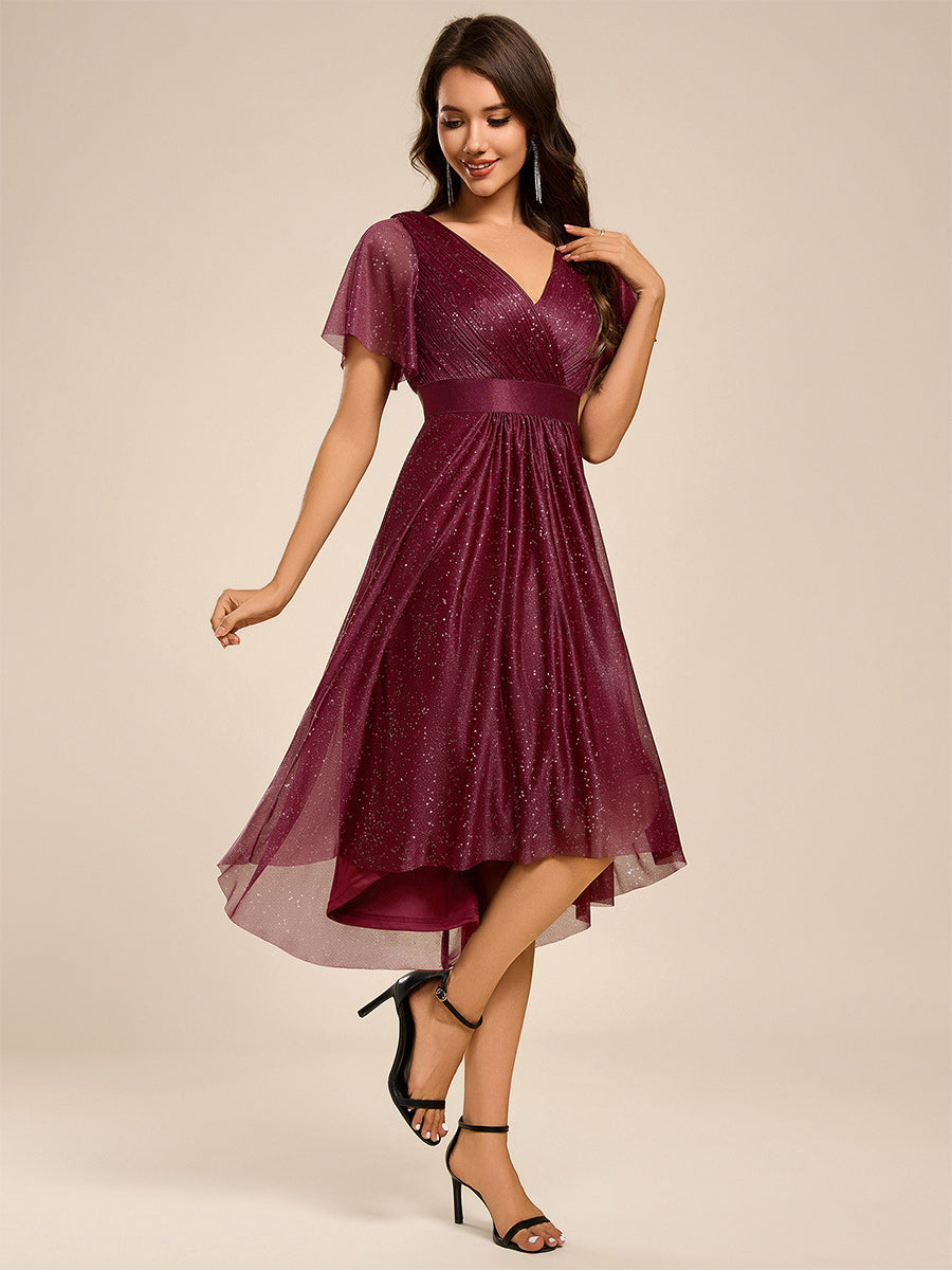 Robe d'invitée de mariage mi-longue plissée à manches courtes et col en V #Couleur_Bordeaux