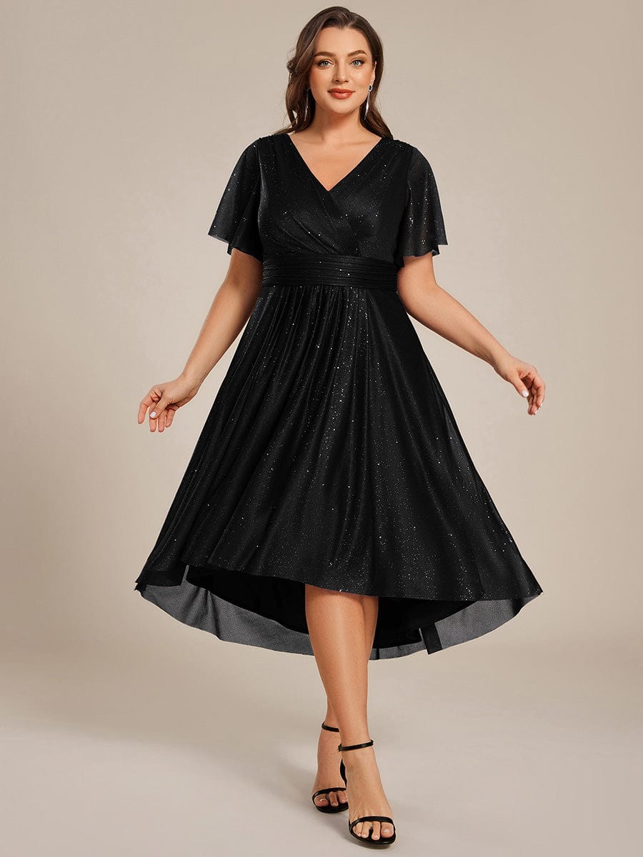 Robe D'invité De Mariage En Mousseline De Soie Mi-Longue Plissée à Manches à Volants Et Col En V  #Couleur_Noir