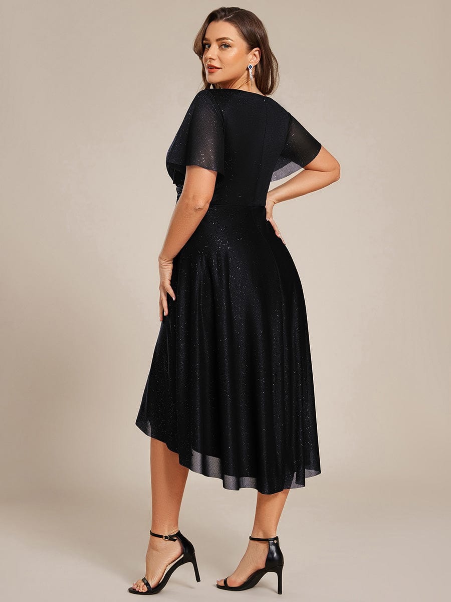 Robe D'invité De Mariage En Mousseline De Soie Mi-Longue Plissée à Manches à Volants Et Col En V  #Couleur_Noir